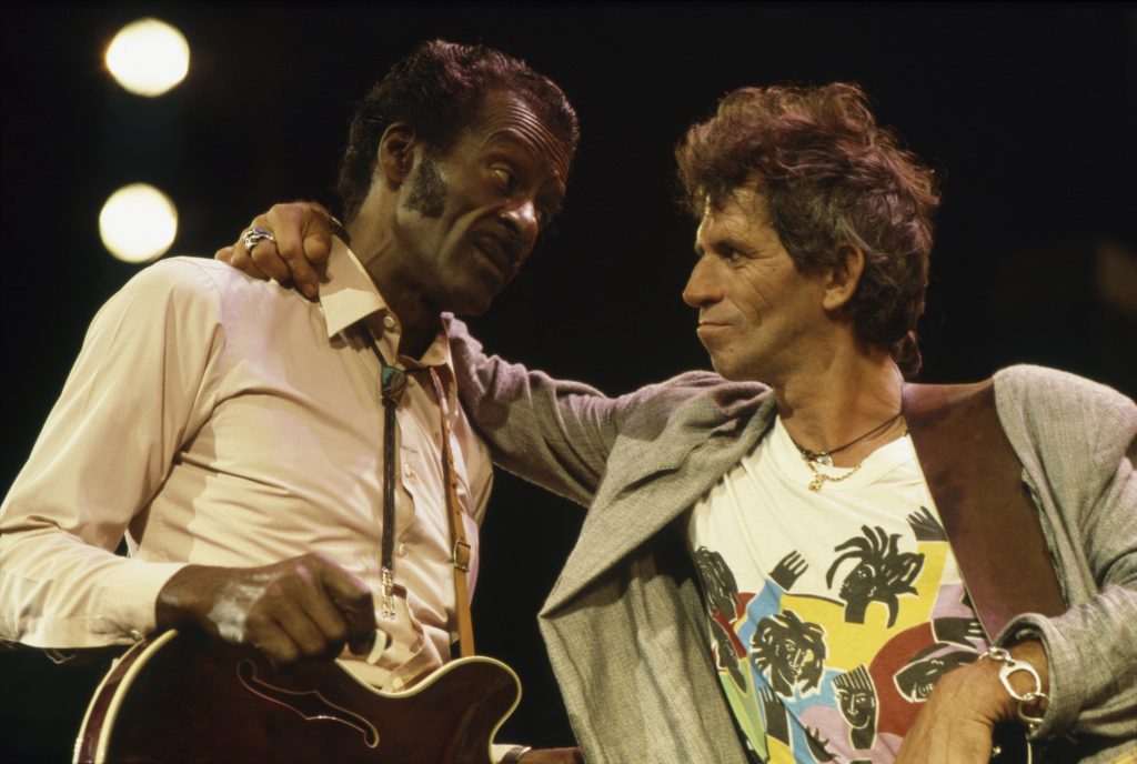 Chuck Berry with Keith Richards of The Rolling Stones at The Fox Threatre St Louis during filming of the documentary Hail Hail rock N Roll. (Photo by Terry O'Neill/Iconic Images/Getty Images)